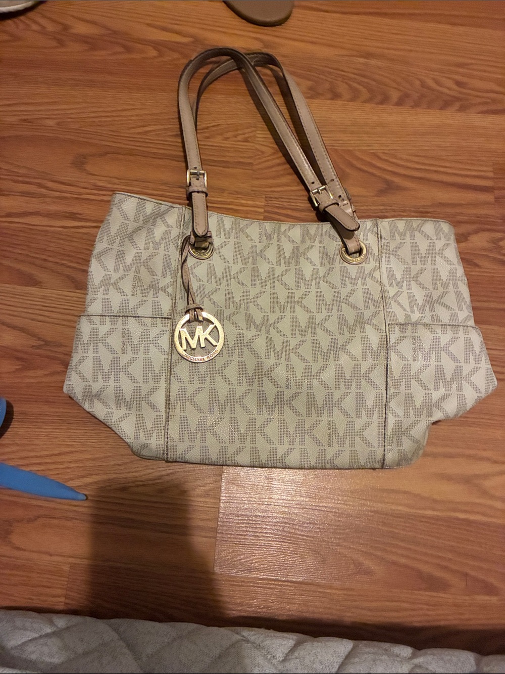 Michael Kors Cream Beige MK Signature Tote with Gold Charm